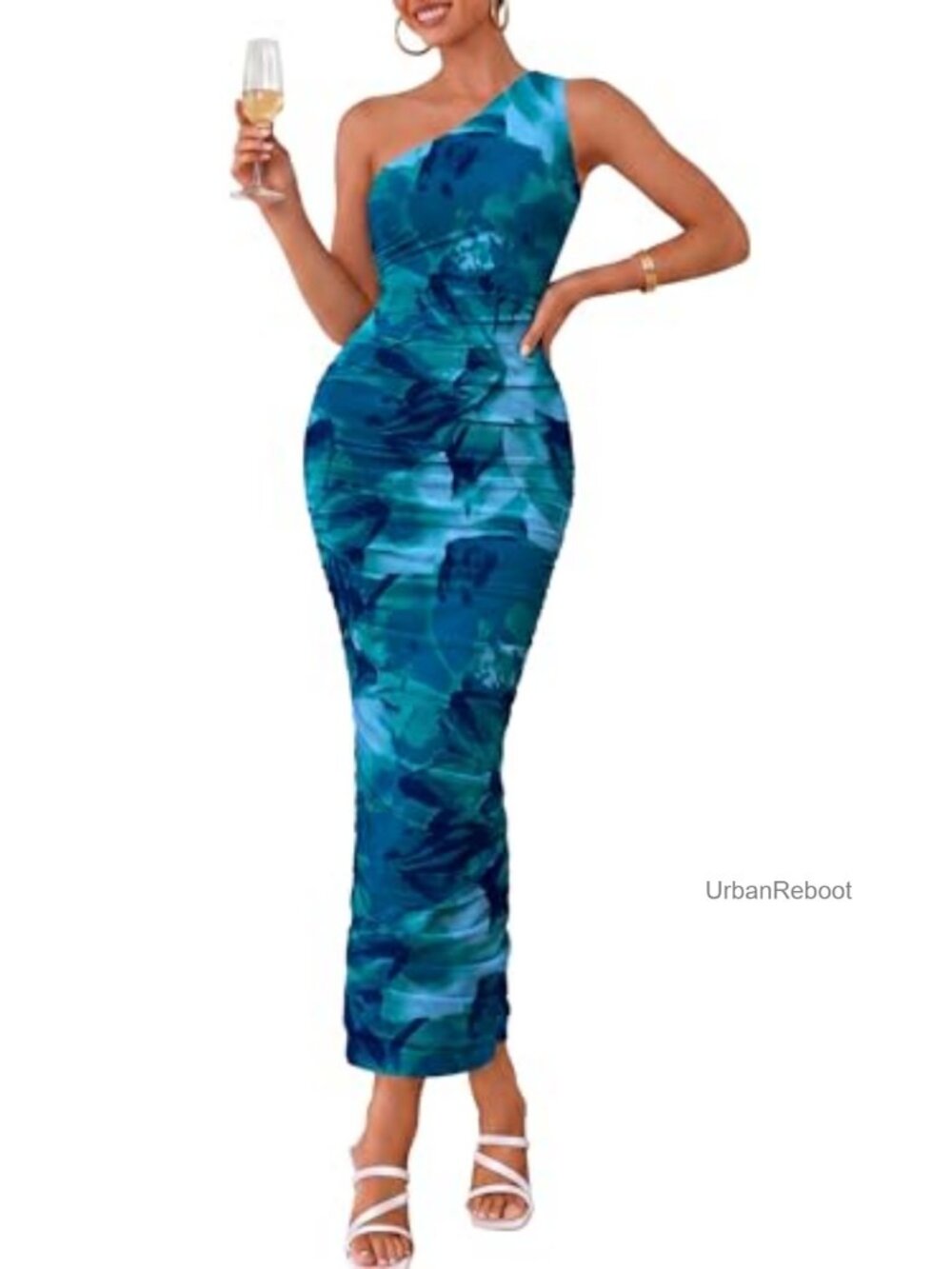 One Shoulder Ruched Bodycon Maxi Dress Sleeveless Sexy Party Dress